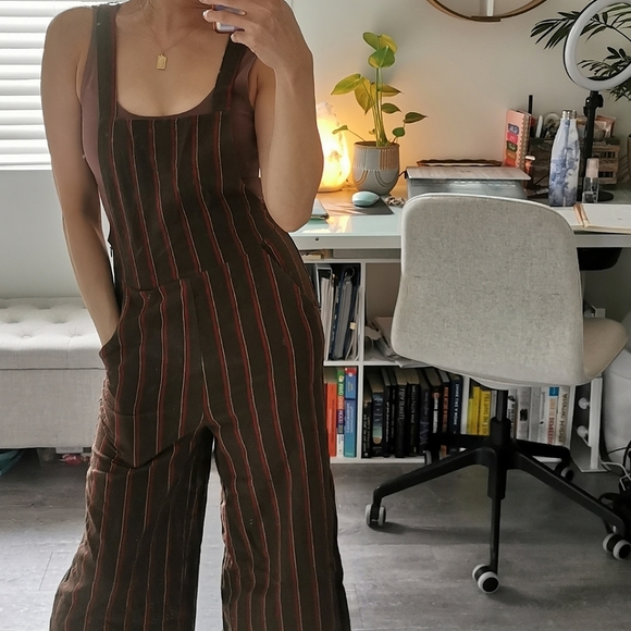 NWOT - Lulu's Watson Olive Green Striped Cropped Wide-Leg Overalls - Picture 9 of 9